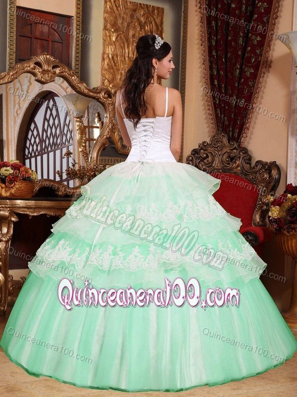 Mint Colored and White Spaghetti Straps Tiered Quinceanera Dresses