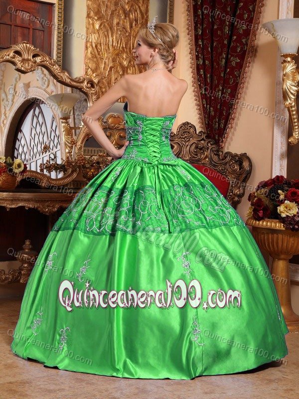 Grass Green Embroidery Pleats and Ruches and Dress for Quince