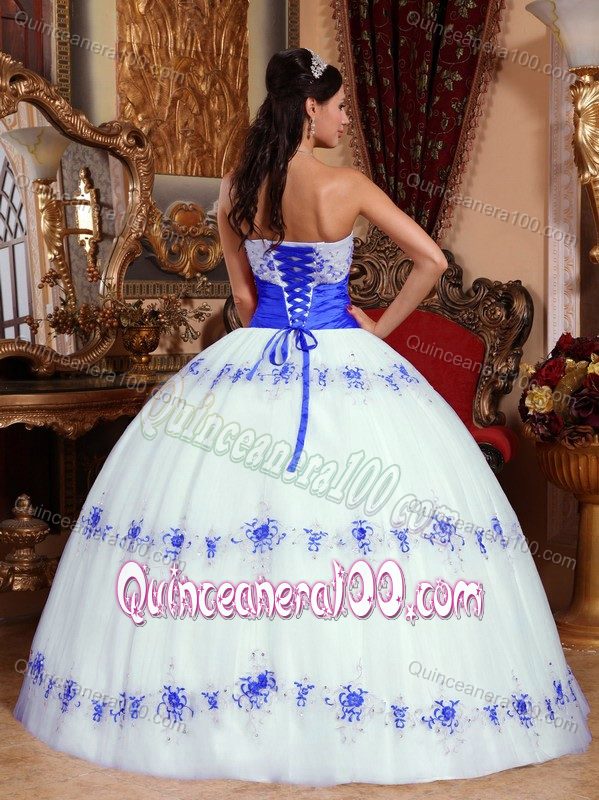 Elegant White and Royal Blue Strapless Appliques Quince Dresses