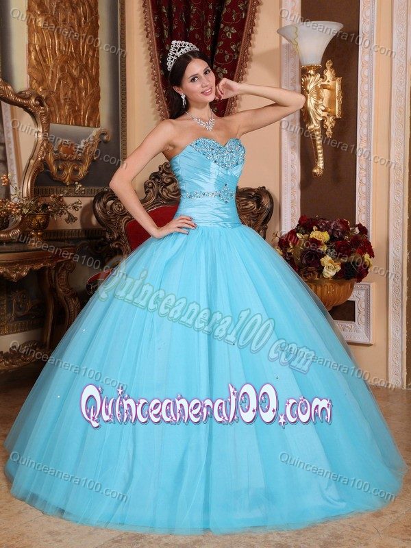 Lovely Baby Blue Strapless Beading Dress for Quince with Pleats