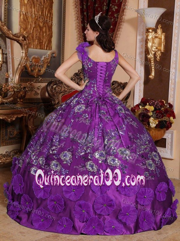 Purple V-neck Beading and Hand Made Flowers Quinceanera Dress for Enshrinement