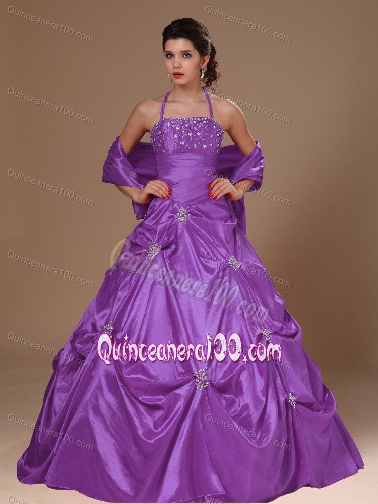 Cheap Halter Top Beaded Purple Quinceanera Gowns Under 200