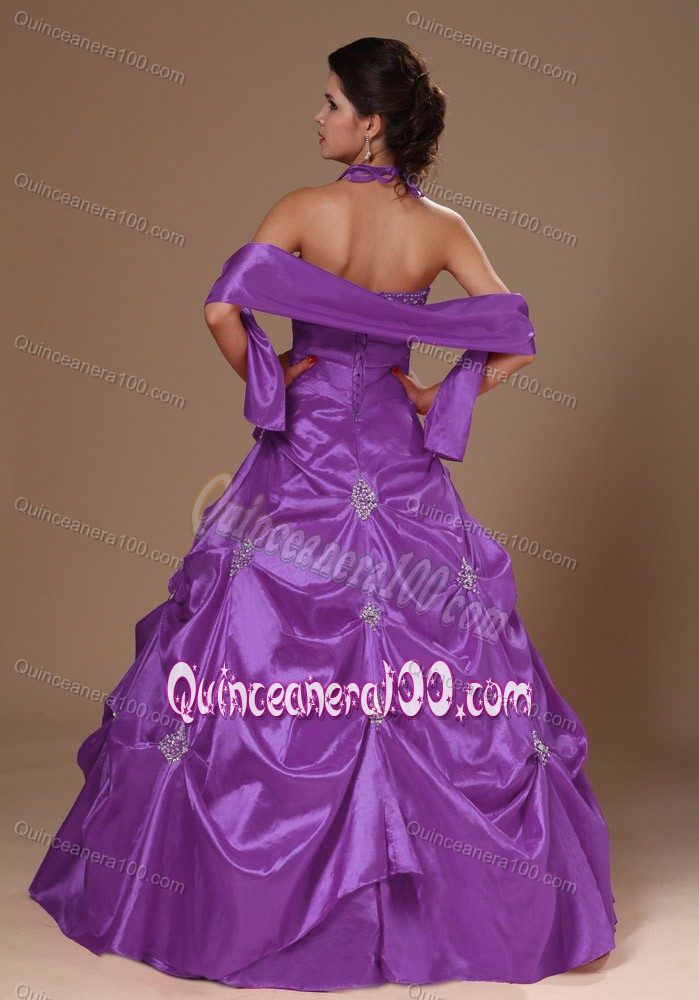 Cheap Halter Top Beaded Purple Quinceanera Gowns Under 200