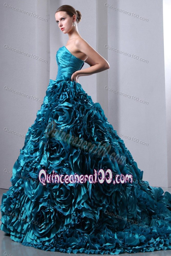 Mature Teal Quinceanera Gown with Rolling Flowers Court Train