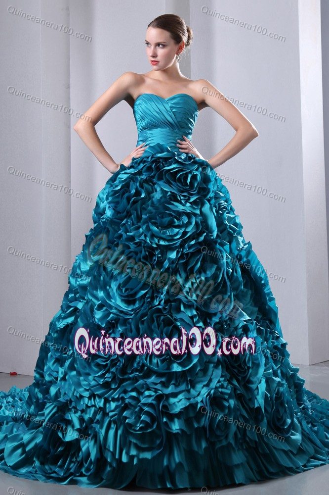 Mature Teal Quinceanera Gown with Rolling Flowers Court Train