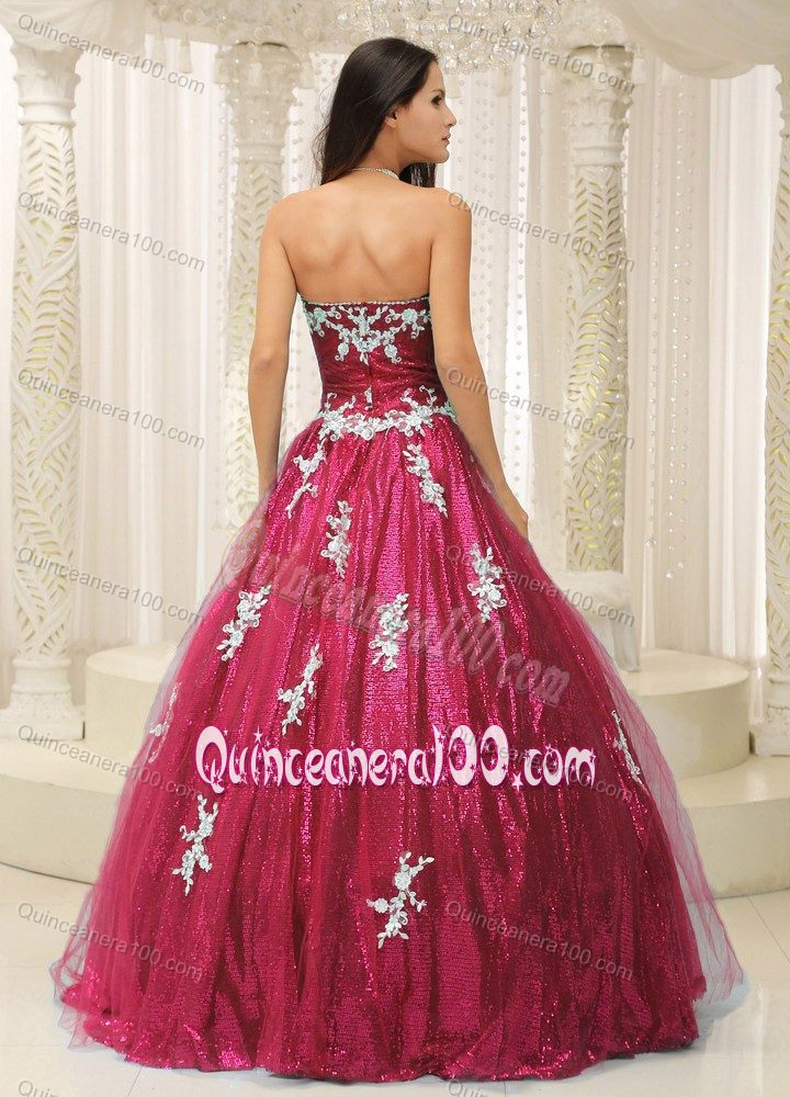 A-line Sequins Appliqued Burgundy Sweet 15/16 Birthday Dress
