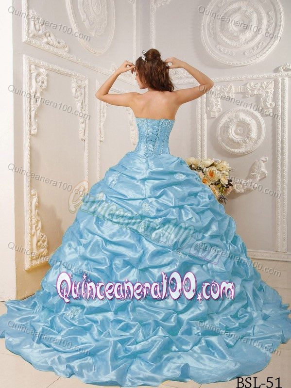 Court Train Aqua Blue Beaded Quinceanera Dress with Pick-ups