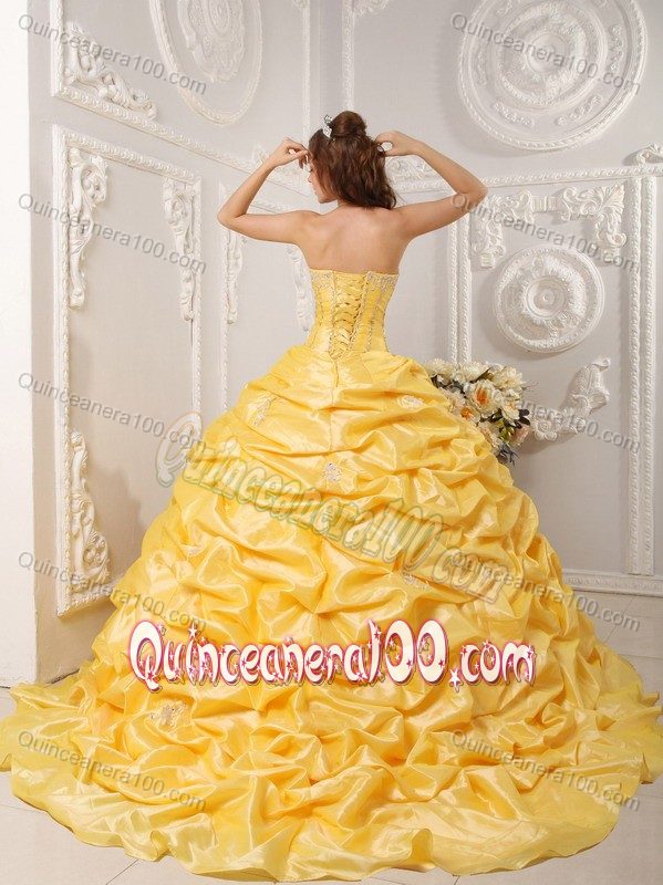 Gorgeous Pick-ups Beaded Yellow Quinceanera Dress Court Train