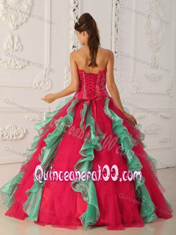 Multi-Colored Strapless Appliques Dress for Sweet 15 with Ruffles