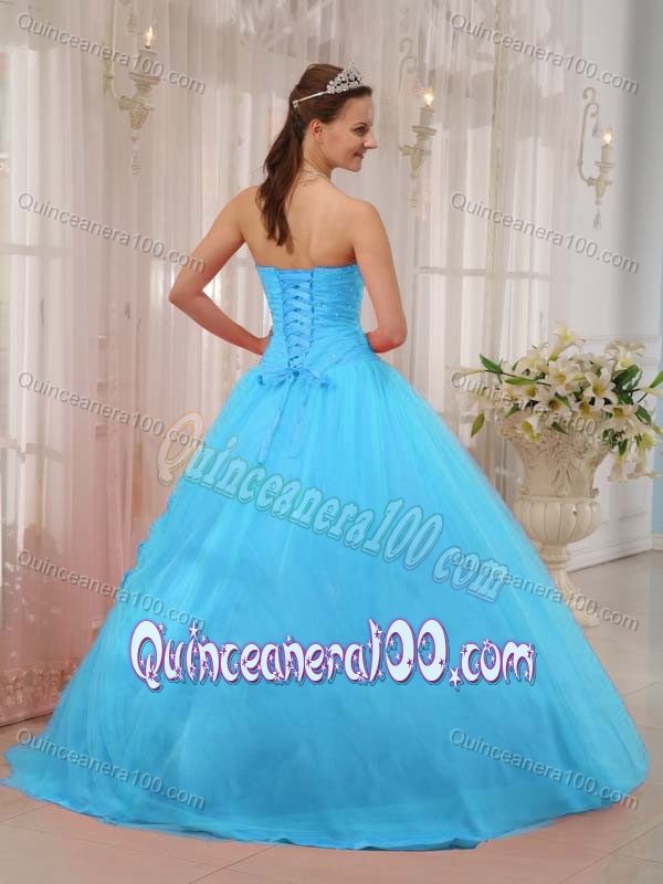 Hand Made Flowers Beading Quinceanera Party Dress in Aqua Blue
