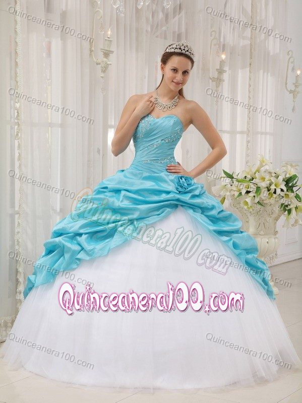 Aqua Blue and White Sweetheart Ruche Beaded Quinces Dresses with Pick-ups