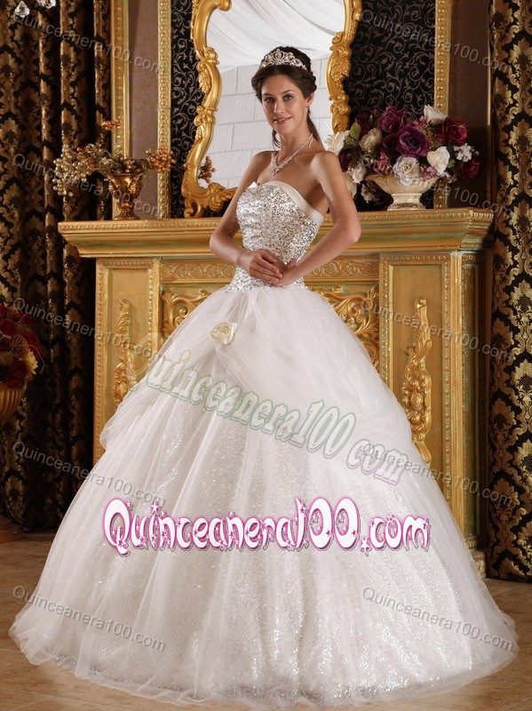 Inexpensive Beaded Sweetheart Sequins Dress for Quince in White