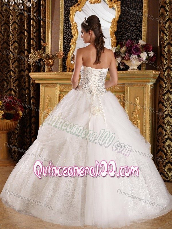 Inexpensive Beaded Sweetheart Sequins Dress for Quince in White