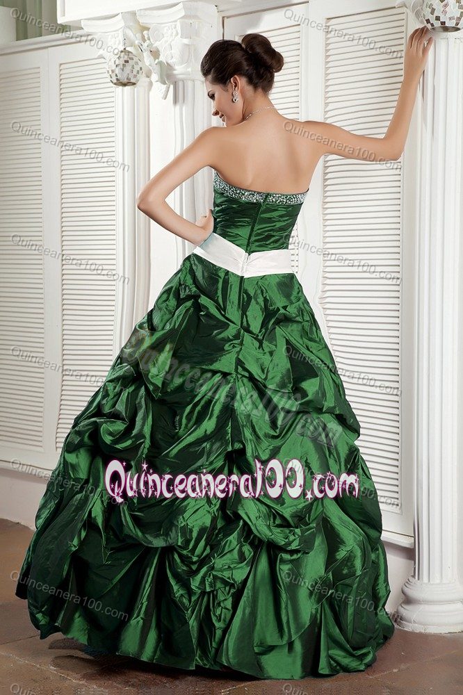 Unique Ruche Beading Green Quince Dress with Pick-ups and Bow