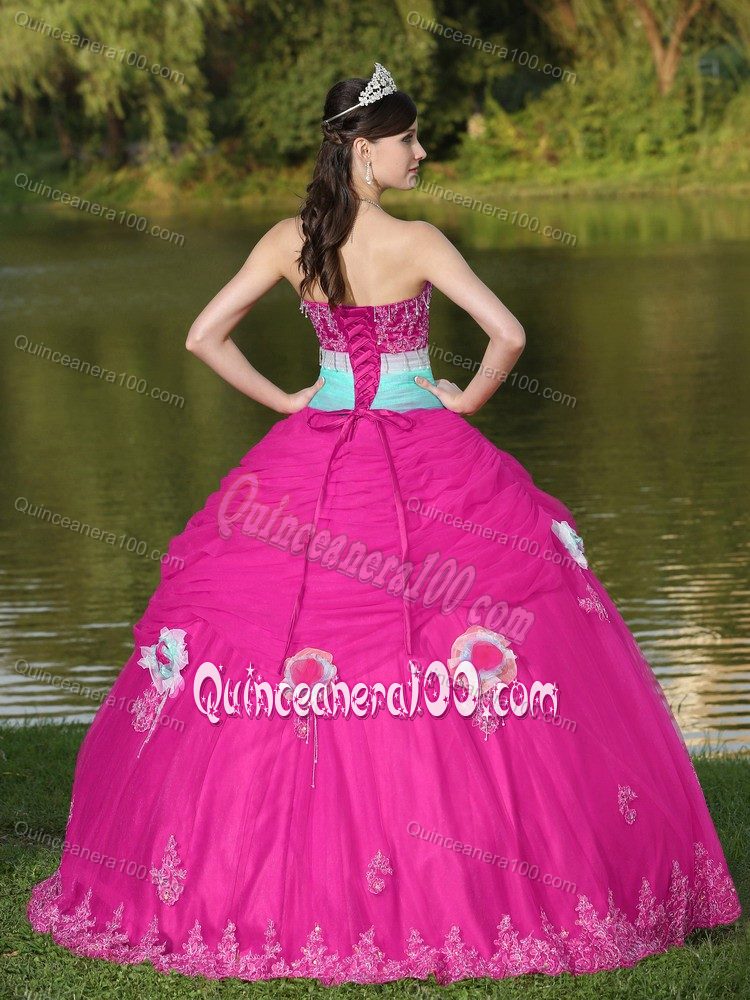 Discount Hot Pink Sweet 16 Dresses with Flowres and Appliques