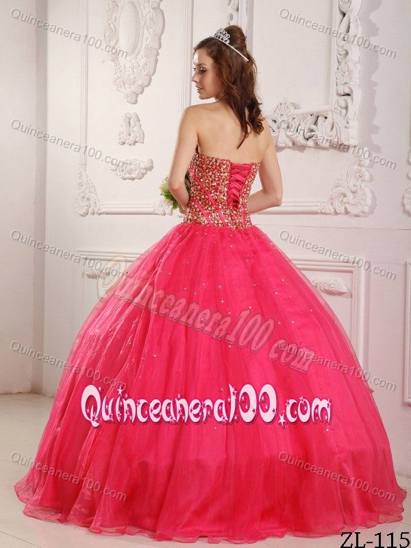 Cheap Princess Sweetheart Beaded Hot Pink Sweet 15 Dresses