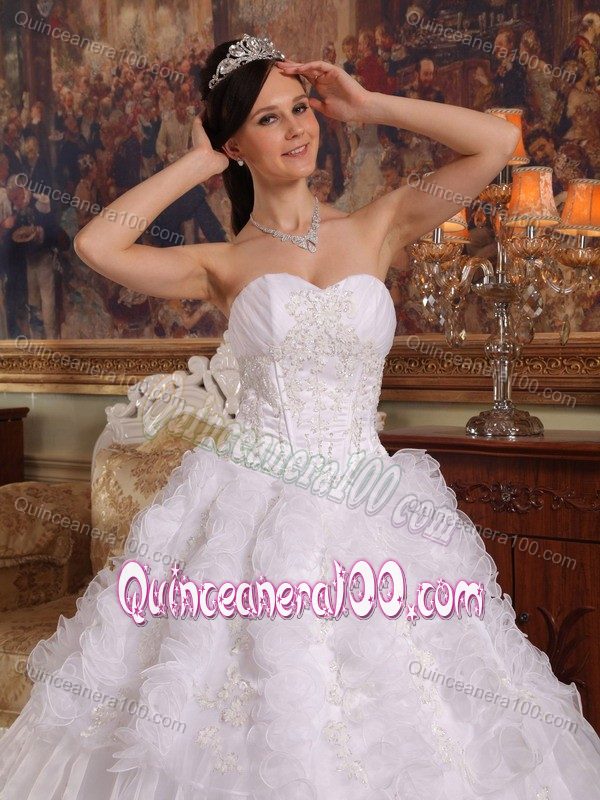 Perfect White Sweetheart Pleats and Embroidery Quinceanera Gown