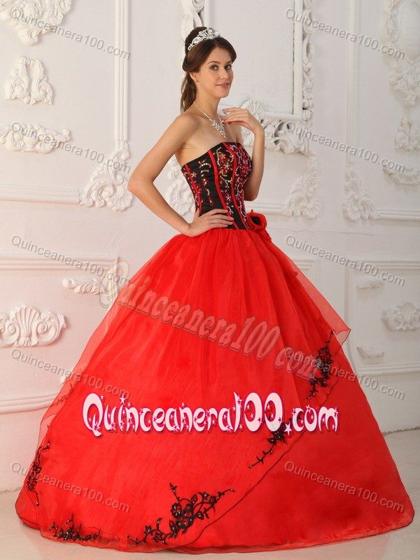 Red and Black Hand Made Flowers Appliques Dress for Sweet 15