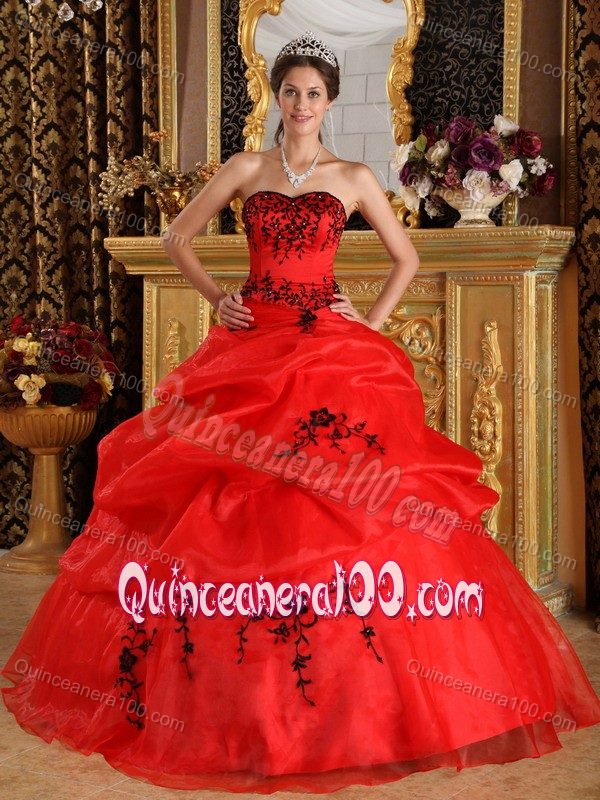 Red Strapless Pick-ups Appliques Ball Gown Dress for Sweet 15