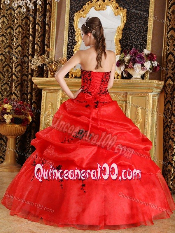 Red Strapless Pick-ups Appliques Ball Gown Dress for Sweet 15