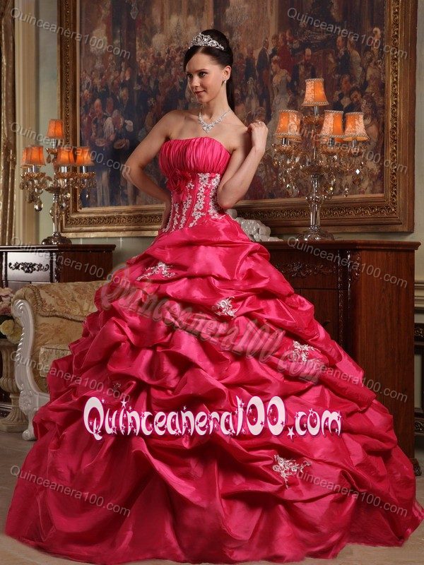 Chic Coral Red Strapless Lace up Back Pick-ups Dress for Quinceanera