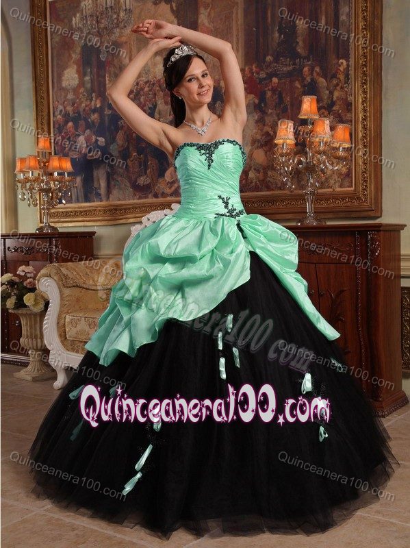 Apple Green and Black Tulle and Taffeta Strapless Dresses for a Quince