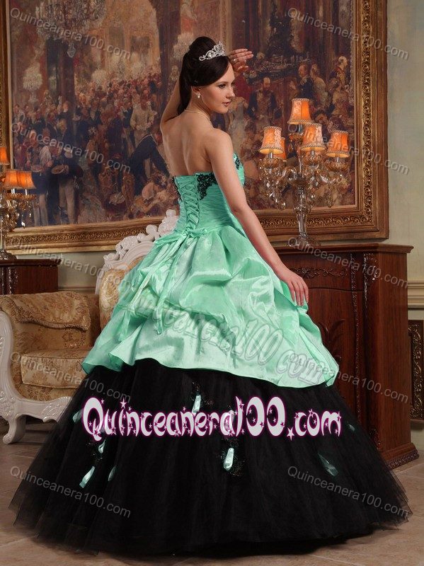 Apple Green and Black Tulle and Taffeta Strapless Dresses for a Quince