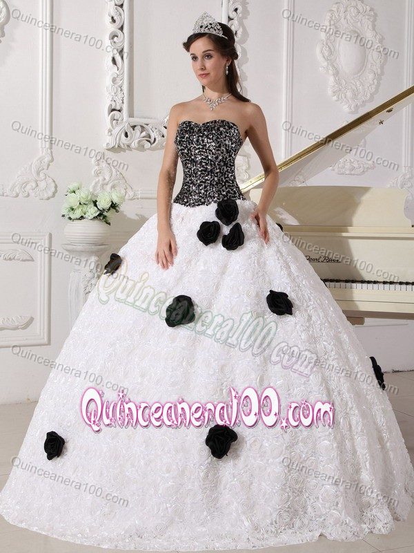 White and Black Sequins and Hand Made Flowers Quince Dresses