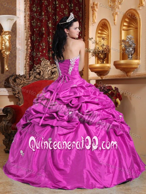 Hot Pink Strapless Taffeta Pick-ups Appliques Quinceanera Gowns