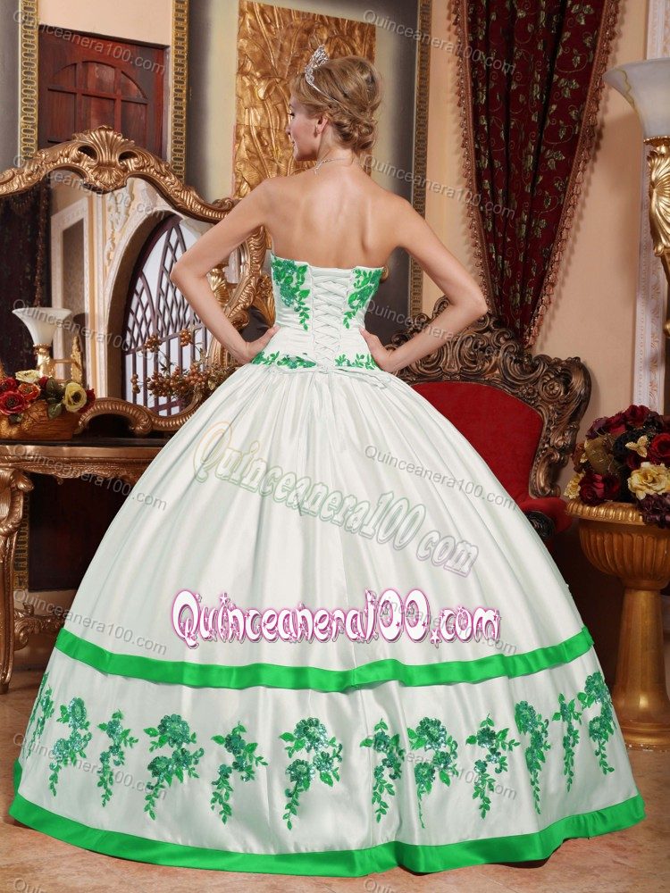 Strapless White and Green Pleated Appliques Dress for Quince Plus