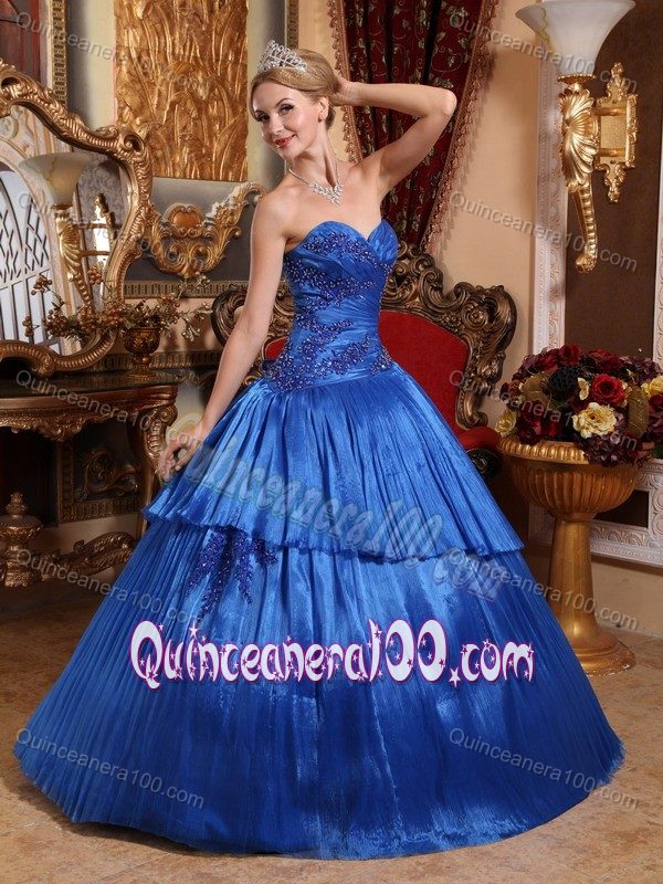 Royal Blue Appliques Ruched Bodice Dress for 15 with Pleated Layers