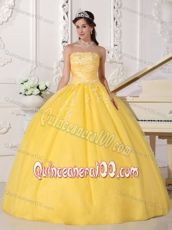 Yellow Strapless Taffeta Nd Organza Appliques Sweet 15 Dresses
