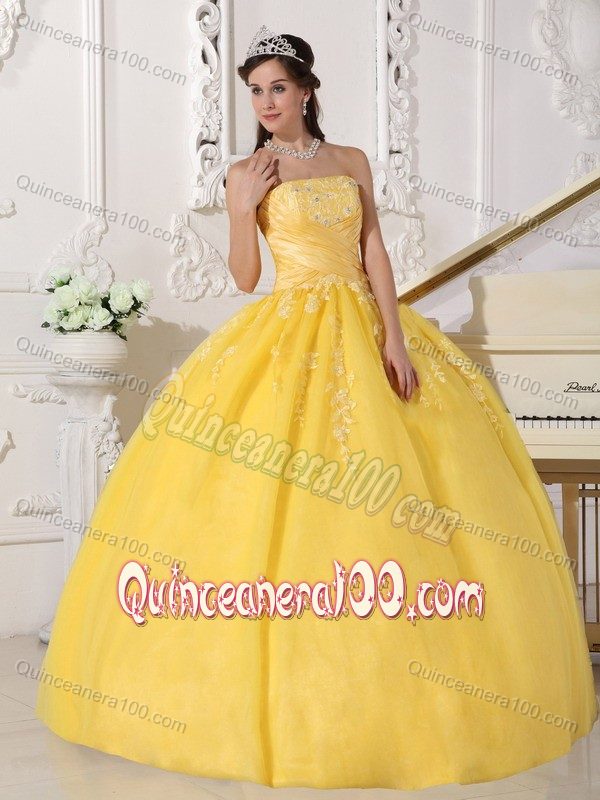 Yellow Strapless Taffeta Nd Organza Appliques Sweet 15 Dresses