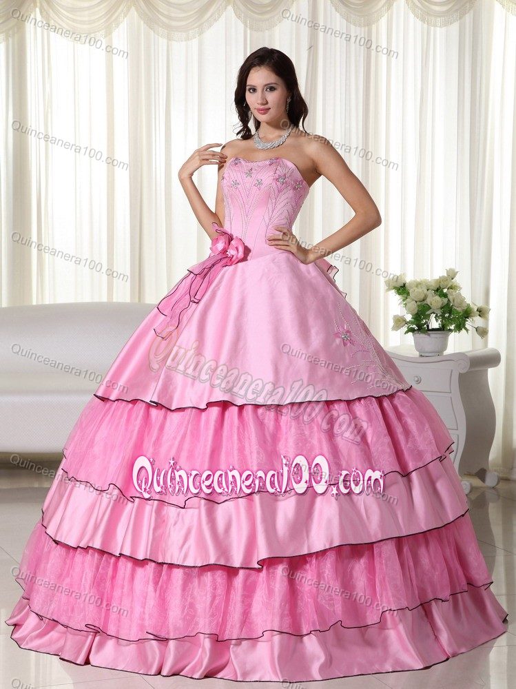 Rose Pink Layered Embroidery Hand Made Flower Sweet 15 Dresses