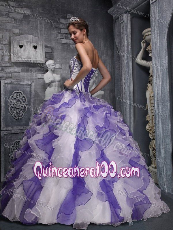 White and Lavender Ruffled Appliqued Quinceanera Party Dress