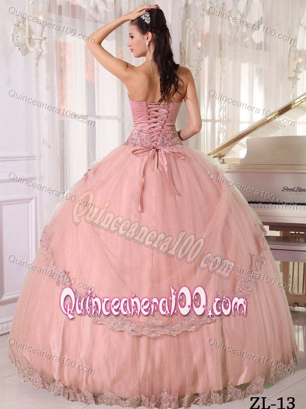 Pink Sweetheart Taffeta and Tulle Appliques Quinceanera Dresses