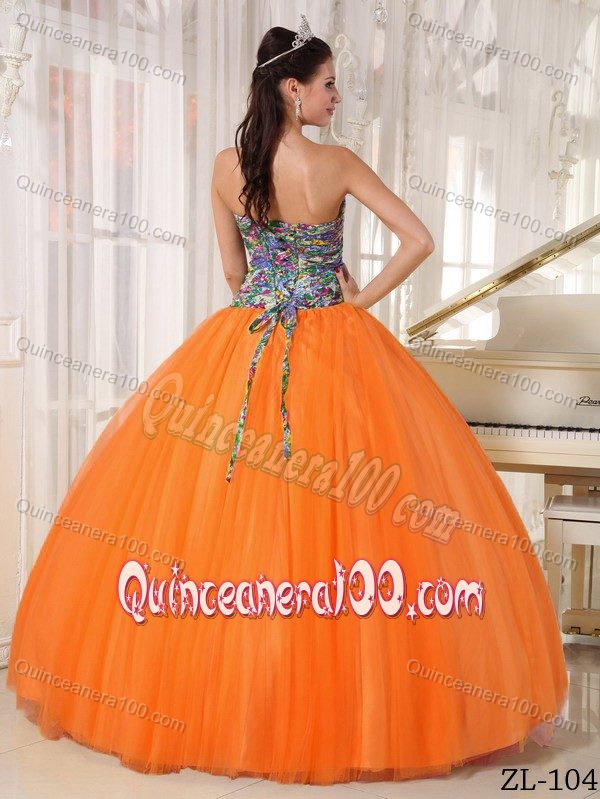 Orange Strapless Tulle and Printing Sweet Sixteen Dresses