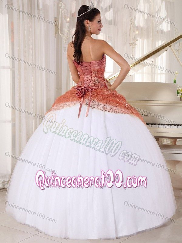 White and Rust Red Halter Tulle Quinceanera Gown Dresses