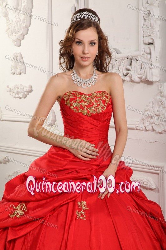 Red Taffeta Appliques Dress for Quinceanera with Pick-ups