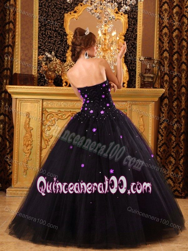 Black Strapless Tulle Dress for Quinceanera with Appliques