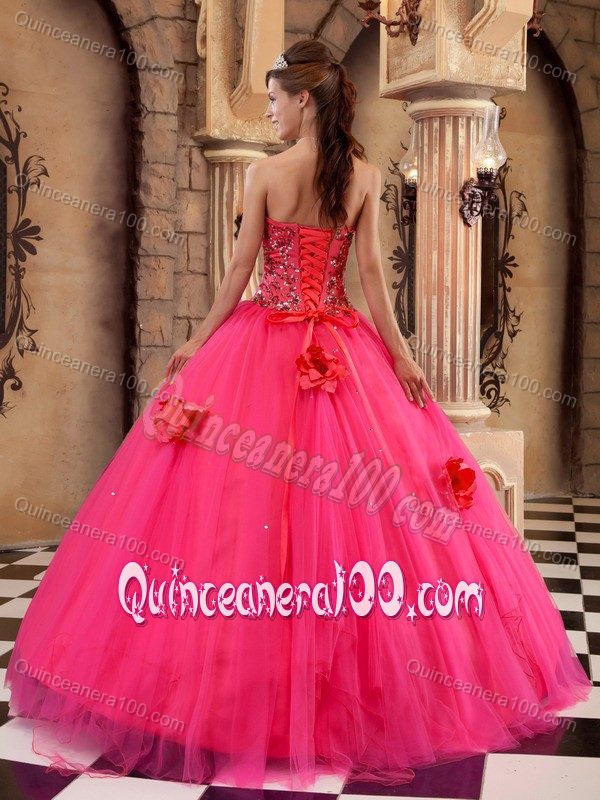 Coral Red Floor-length Tulle Beaded Sweet Sixteen Dresses