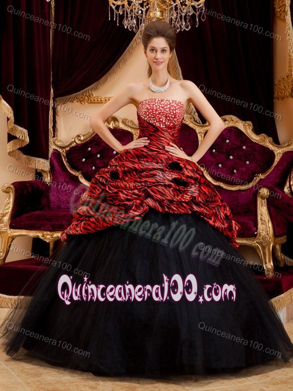 2014 Sexy Red and Black Strapless Zebra and Tulle lady gaga style Quinceanera Dresses