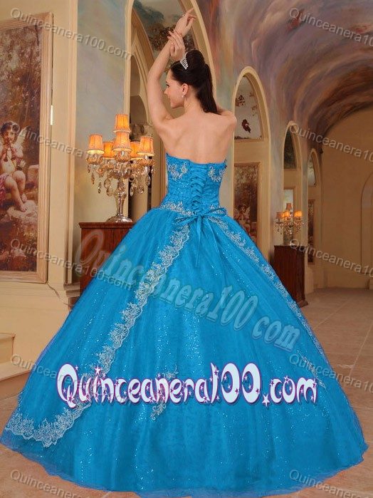 Exclusive Lace Layers Embroidery Teal Ball Gown Quinceanera Dress