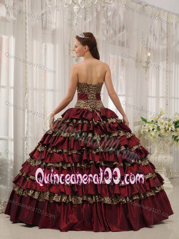 Taffeta and Leopard Quinces Dress in Burgundy with Sash