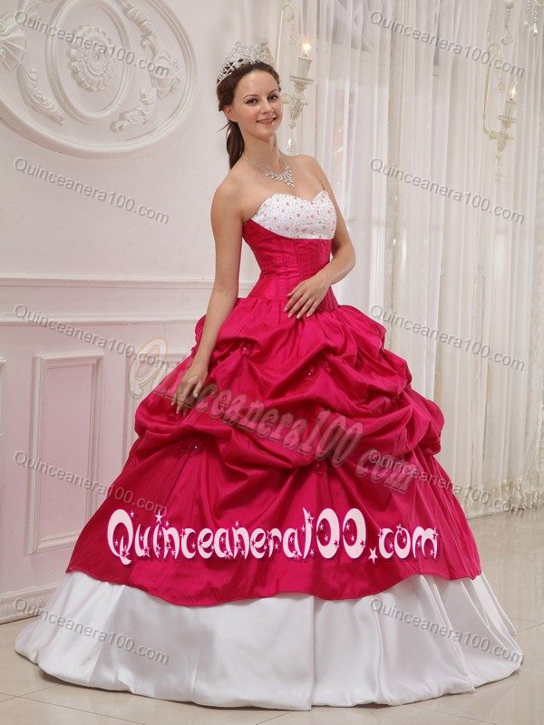 Beading and Pick-ups Quinceanera Dress in Hot Pink and White
