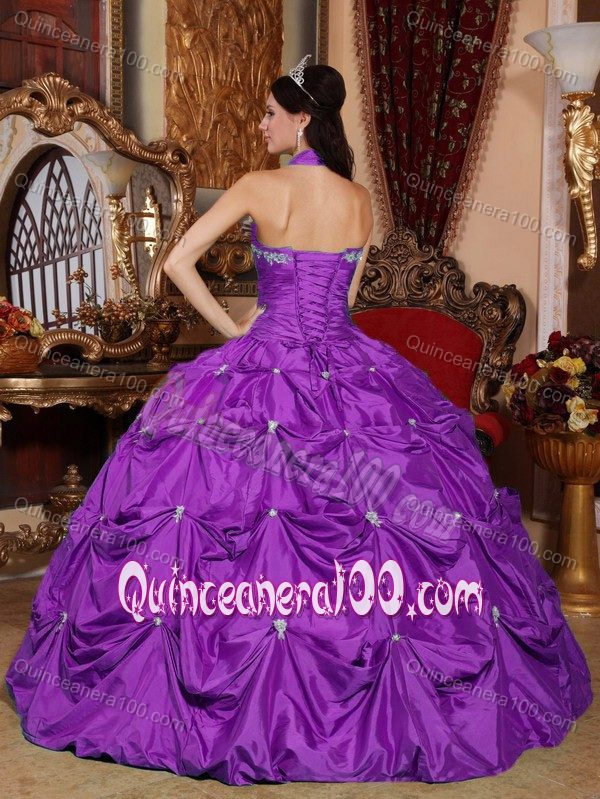 Halter Top Purple Quinces Dress with Appliques and Pick-ups