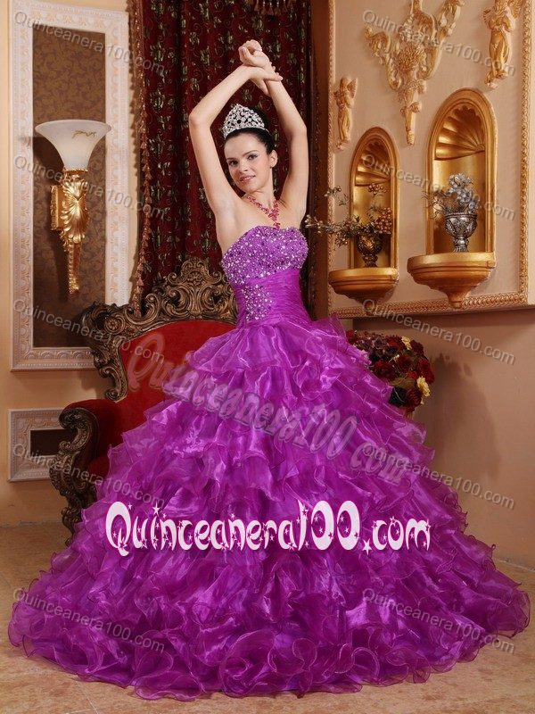 Beaded Floor-length Quinces Dress in Purple with Organza