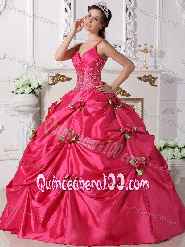Hot Pink Spaghetti Straps Beaded Quinceanera Gowns with Flowers