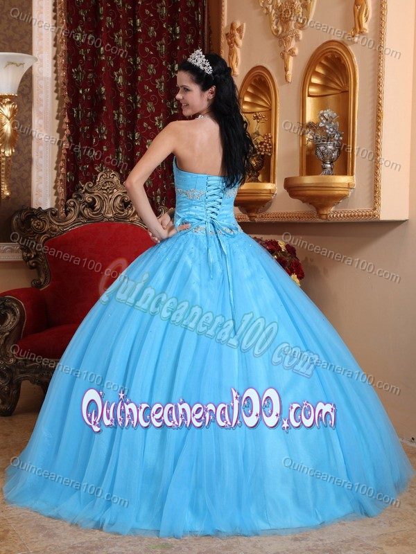 Aqua Blue Sweetheart Beaded Quinceanera Dress with Corset Back
