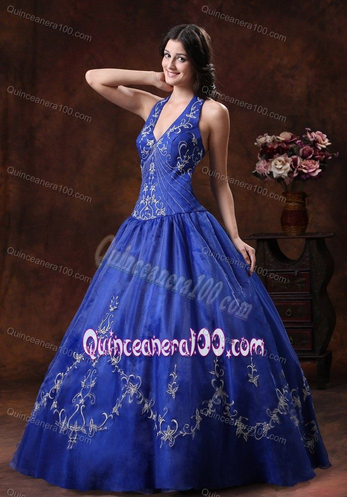 A-line Halter Quinceanera Gowns With Embroidery and Lace Up Back
